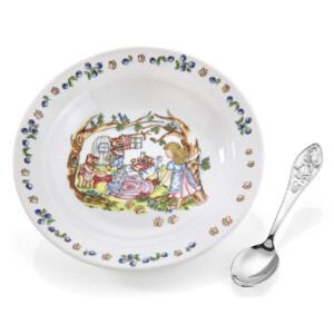 Eik-Barn-Gullhår og de 3 Bjørner-Grøtskål / dyp middagskål i porselen og skje i sølv