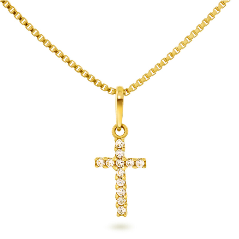 Pia & Per - Halssmykke med kors i gult gull og zirkonia
